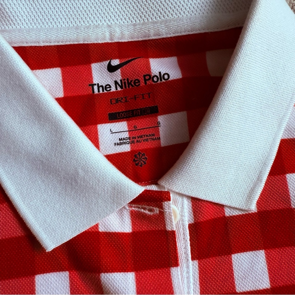 The Nike Polo Golf Dri-Fit Red White Plaid Loose Fit Cropped Polo Shirt Top L - Picture 8 of 14